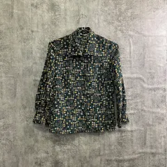 【T-784】総柄 レトロブラウス ブラック 幾何学柄 レディース 長袖シャツ 古着風 レトロ柄 ヴィンテージ風 総柄シャツ カジュアル 個性派 トップス レトロファッション