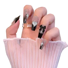 《特価★無くなり次第終了！》YINKE ネイルチップ ロング 24枚入 黒 成人式  黒い暗夜の星空 女性おしゃれな 上級 ネイルラップ(ブラックキラキラハート)