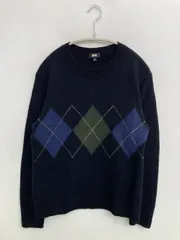 UNIQLO ユニクロ ニット/セーター L ネイビー ウール・ニット その他総柄 ミドル丈 長袖 クルーネック(丸首)