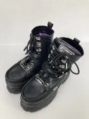 YOSUKE ヨースケ ブーツ 23.0 ブラック 合成皮革/人工皮革 無地 ブランドロゴ ラウンドトゥ ショート レースアップ 紐 ジップアップ 厚底 プレーントゥ