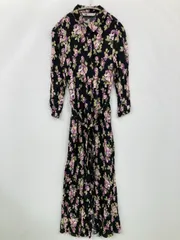 ZARA ザラ シャツワンピース XS ブラック コットン 花柄・ボタニカル柄 リボン 半端袖 ロング・マキシ丈
