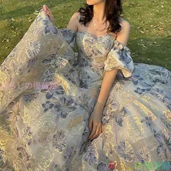 カラードレス ロング ブルー 編み上げ ベルスリーブ 花柄 花嫁 プリンセス 二次会 結婚式 発表会 演奏会 前撮り きらきらlf0318