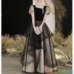 パーティードレス ドレス ブラックゴールド イブニングドレス ロング Aライン 袖あり 半袖 パフスリーブ シースルー シフォン スクエアネック 花柄 演奏会 lf0317