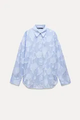 ZARA ザラ シャツ/ブラウス USA L スカイブルー ストライプ柄 花柄・ボタニカル柄 ミドル丈 長袖 レギュラーカラー