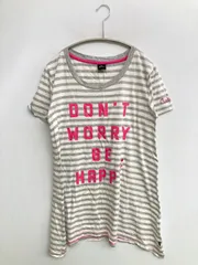 Rusty ラスティ Tシャツ/カットソー L グレー ボーダー柄 前面プリント バックプリント ブランドロゴ ミドル丈 半袖 クルーネック(丸首)