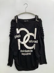 Plein Beaute Tシャツ/カットソー M ブラック 前面プリント ブランドロゴ レース ミドル丈 長袖 オフショルダー