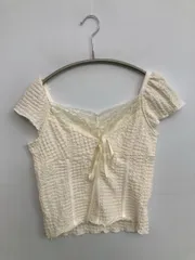 Tシャツ/カットソー アイボリー 無地 レース リボン ショート丈 半袖 スクエアネック