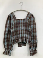 SPRAY PREMIUM スプレイプレミアム シャツ/ブラウス M ブラウン コットン チェック柄 リボン ショート丈 長袖 ノーカラー