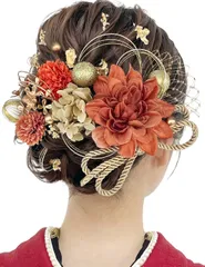 袴 和装 着物 卒業式 結婚式 前撮り ドライフラワー 振袖 水引 組紐 和玉 ピンポンマム 髪飾り 金箔 メッシュ飾り ボブ 成人式 ヘアアクセサリー オレンジ DG002