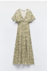 ZARA ザラ ワンピース USA L グリーン 花柄・ボタニカル柄 その他総柄 半袖 ロング・マキシ丈 フレア