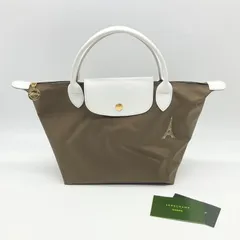 ▼Longchamp ロンシャン ル プリアージュ LE PLIAGE  Sサイズ ハンドバッグ トートバッグ エッフェル塔刺繍 日本限定モデル ホワイト×カーキ 1621319ESA23【中古】ABランク　2_271