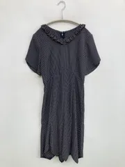 ワンピース ネイビー ドット柄 フリル 半袖 ひざ丈 フレア