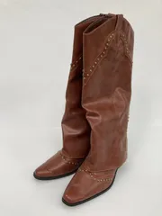 ブーツ ブラウン 合成皮革/人工皮革 無地 スクエアトゥ ウエスタン ミドル 紐なし 太ヒール プレーントゥ