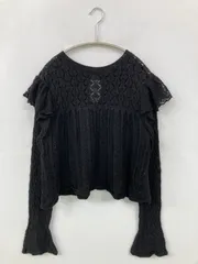 ZARA ザラ ニット/セーター USA M ブラック コットン レース フリル ショート丈 長袖 クルーネック(丸首)