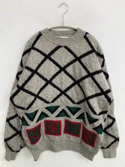 Louis Feraud ニット/セーター L グレー ウール・ニット チェック柄 刺繍 その他総柄 ミドル丈 長袖 クルーネック(丸首)