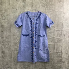 【T-788】刺繍デザイン ワンピース レディース 半袖 ブルー 古着 ナチュラル リネン風 ロングワンピース 羽織り 個性派 レトロ カジュアル 夏服