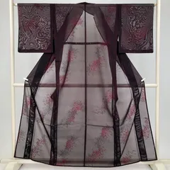 たんす屋 TANSU-YA 着物 リユース着物 夏紬 黒 赤 カジュアル 秋の草花 夏 絹 未洗い 【身丈】153cm【裄丈】64.5cm MS8019