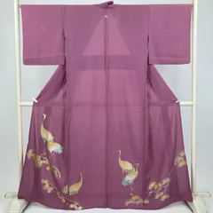 たんす屋 TANSU-YA 着物 リユース着物 夏訪問着 紅藤 ピンク 紫 セミフォーマル 鶴 松 夏 絹 未洗い 【身丈】157cm【裄丈】67cm MS8012
