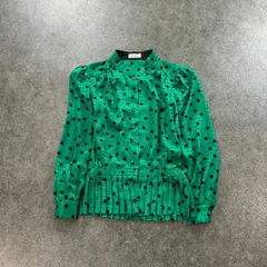 90s Vintage NINA RICCI ニナリッチ 長袖シャツ ブラウス スタンドカラー フリル ドット柄 千鳥格子 グリーン ヴィンテージ ビンテージ 緑のサムネイル