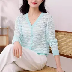 再入荷 ニットカーディガン 夏 レディース ボーダー ニット カーディガン サマーニット 長袖 vネック 透け感 薄手 アウター 羽織 前開き トップス 紫外線対策 冷房対策 シンプル ゆったり