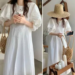 再入荷 ワンピース ホワイト 無地 レディース ロングワンピース かわいい 半袖 着痩せ 大人 パフスリーブカジュアル ゆったり