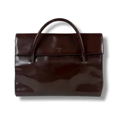 プラダ　PRADA トップハンドルバッグ　トートバッグ　ロゴ型押し　ブラウン　ミラーカーフレザー　ヴィンテージ