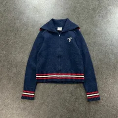 00s 2000's archive adidas オールド アディダス ニット カーディガン セーター ジップアップ ジャケット ウール/ナイロン セーラーカラー メルトンウール ネイビー  L 平成ギャル Y2Kのサムネイル