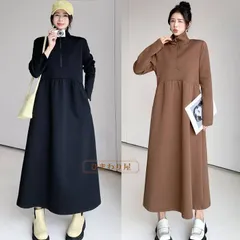 再入荷 ロングワンピース 立ち襟 ワンピース ハーフジップ 長袖 ゆったり ロング丈 マキシ 可愛い レディース ワンピース 秋 冬 春 きれいめ マキシ丈 無地 スウェット素材