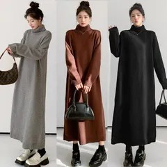 再入荷 ニット ワンピース レディース マキシ丈 ワンピース 春 秋 冬 ハイネック ニット ワンピース ロング丈 ワンピース 長袖 ゆったり ニットワンピース 体型カバー お呼ばれ 可愛い 大きいサイズ おしゃれ