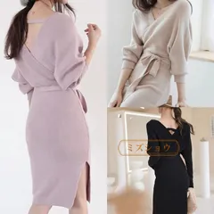 再入荷 ニットワンピース 30代 オシャレ ニット ワンピース 膝丈 秋冬 長袖ニットワンピース 黒 vネック タイトスカート ニットインナー セーター