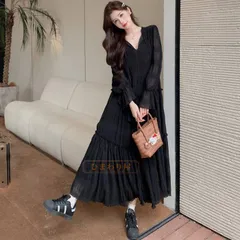 再入荷 ワンピース レディース Vネック ロングワンピース フレア袖 ワンピース 秋冬 春 長袖 ブラック きれいめ ゆったり ロング丈 マキシ丈 無地