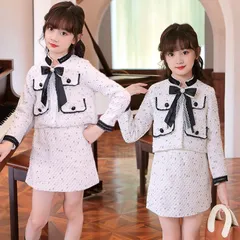 再入荷 入学式 スーツ 女の子 子供服 二点セット セットアップ スカートスーツ 学院風 お嬢様 リボン付き ホワイト ネイビー キッズスーツ 子供スーツ