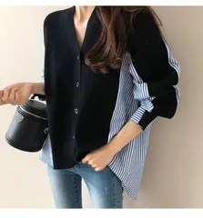 再入荷 ニット カーディガン レディース 異素材 ドッキング 長袖 ストライプ ボリューム袖 長袖 無地 おしゃれ 可愛い 流行 シンプル カジュアル チェック シャツ ブラウス