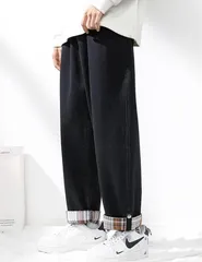 再入荷 デニムパンツ メンズ ジーンズ ジーパン ゆったり ロールアップ ワイドパンツ 無地 ウエストゴム 調整紐 メンズ パンツ 春 夏 秋 チェック柄