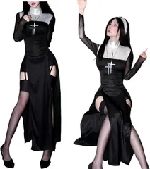 シスター コスプレ セクシー 修道女 聖女 修道服 ハロウィン 衣装 大人 レーディス 可愛い 長袖 スリット 大きいサイズ 仮装 十字架 ワンピース ベール ストッキング付き イベント 学園祭 文化祭 撮影