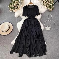 半袖 ラウンド襟 Aライン フレア ロングワンピース ウエストリブ 美シルエット