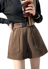 SLOW＆MELLOW レディース ショートパンツ コーデュロイ ハイウエスト Aライン カジュアル ウエストゴム キュロット ボトムス ホットパンツ 韓国 2カラー ショーパン 短パン ミニ (ブラウン,  2XL)