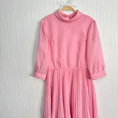 ヴィンテージワンピース ピンク プリーツスカート ハイネック 七分袖 フレア レトロ ガーリー 上品 ミディ丈