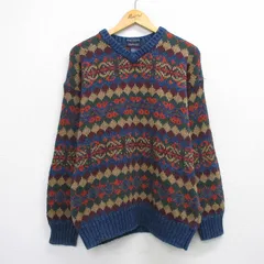 L/古着 長袖 セーター メンズ 90年代 90s フェアアイル インディゴ 手編み ハンドニット コットン Vネック 紺他【spe】 26feb04