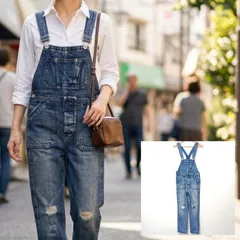 大人カジュアル【overall】オーバーオール サロペット つなぎ オールインワン デニム ジーパン パンツ 綿100% コットン ダメージ加工 インディゴブルー 青 レディース サイズM /M43594jQ