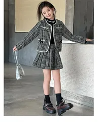 キッズ卒業式スーツ入学式2点セット小学校120 130 140 150 160 170卒園式ブラック黒ツイード女の子リボン韓国