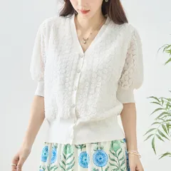 ★SALE★NEW Spring★【TRUBE】お花モチーフ カーディガン【N22-322】 レディース 婦人服 洋服 トップス 羽織り 立体モチーフ おしゃれ 上品 大人可愛い きれいめ 春 夏 20代 30代 40代 50代 60代 ホワイト（M~L）