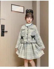 キッズ入学式スーツ2点セット小学校120 130 140 150 160 170卒業式ホワイト白ツイード女の子リボン韓国