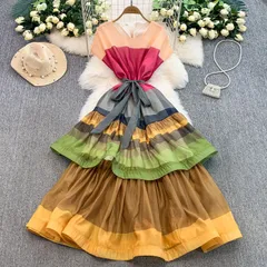 カラーブロック 半袖ワンピース ラウンド襟 レディース