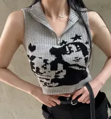 グレー ニット y2k クロップド ノースリーブ