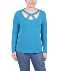 ニューヨークコレクション レディース トップス シャツ プチ NY Collection Petite Long Sleeve Jeweled Neck Top Enamel Blue ブルー