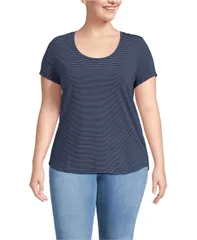 【送料無料】 ランズエンド レディース Tシャツ トップス Plus Size Short Sleeve Lightweight Jersey Scoop Neck Tshirt Deep sea navy thin stripe
