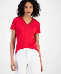 【送料無料】 ナウティカ レディース シャツ トップス Womens Solid StripeTrim VNeck Regatta Red