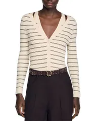 サンドロ レディース アウター カーディガン リブニット セーター ニット Sandro Gabri Stripe Rib Knit Cardigan Sweater Excru Brown ブラウンのサムネイル