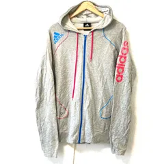 (^w^)b adidas アディダス ジップアップ スウェット パーカー フーディ スポーティ ストリート 長袖 スポーツ ロゴプリント カジュアル 爽やか カラフル グレー メンズ サイズ O